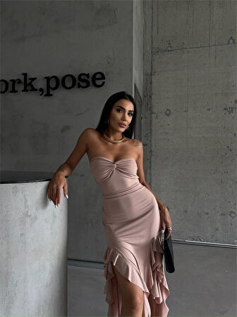 TUA MODA STRABLEZ SANDY ELBİSE YANLARI KATLI - Bej