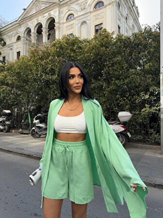 TUA MODA KETEN BAĞLAMALI KOLSUZ GÖMLEK - DUBLE PAÇA ŞORT TAKIM - Yeşil