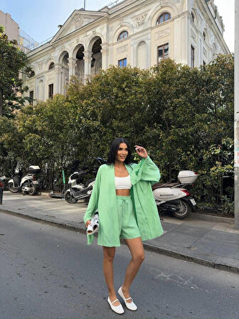 TUA MODA KETEN BAĞLAMALI KOLSUZ GÖMLEK - DUBLE PAÇA ŞORT TAKIM - Yeşil