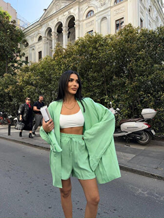 TUA MODA KETEN BAĞLAMALI KOLSUZ GÖMLEK - DUBLE PAÇA ŞORT TAKIM - Yeşil