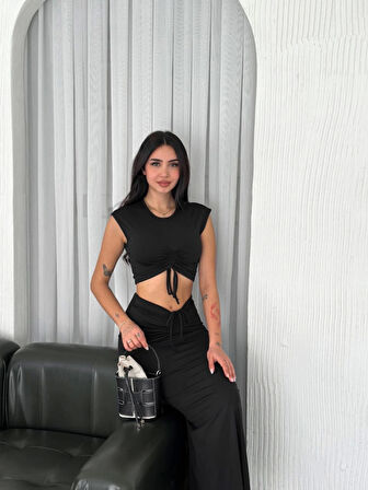 TUA MODA Osy Modal Yumuşak Dokulu Kumaş  Büzgülü Crop Etek Takım - Siyah