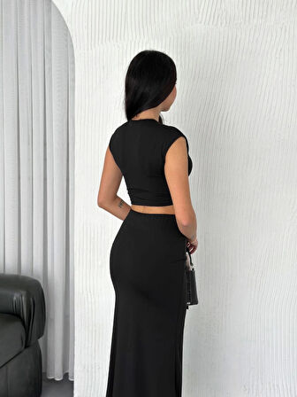 TUA MODA Osy Modal Yumuşak Dokulu Kumaş  Büzgülü Crop Etek Takım - Siyah