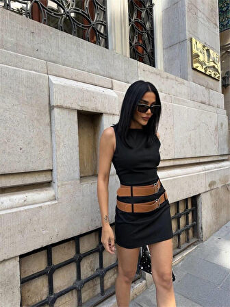 TUA MODA POLYVİSCON ÇİFT KEMER DETAYLI ELBİSE - Siyah