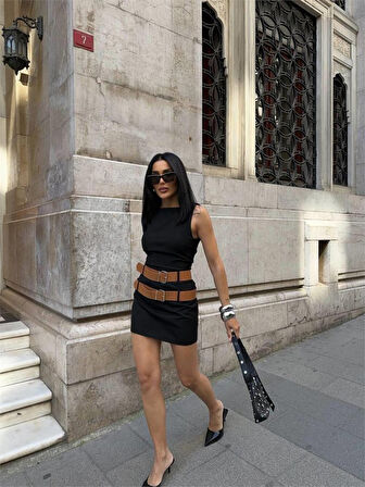 TUA MODA POLYVİSCON ÇİFT KEMER DETAYLI ELBİSE - Siyah