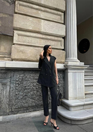 TUA MODA ÇİZGİLİ UZUN YELEK - PANTOLON TAKIM POLVİSCON - Antrasit