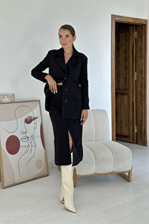 TUA MODA Siyah Düğmeli Ceket Ve Etek Takım