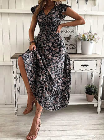 TUA MODA Kadın Kısa Kollu Kruvaze Yaka Beli Lastikli çiçek Desenli Elbise