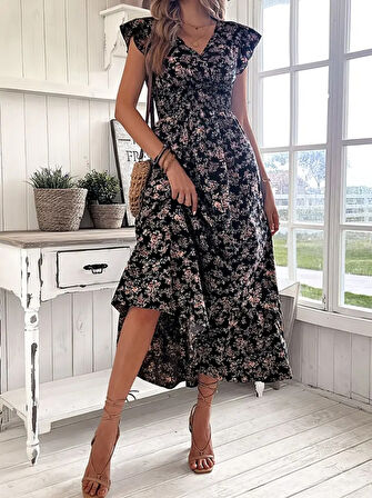 TUA MODA Kadın Kısa Kollu Kruvaze Yaka Beli Lastikli çiçek Desenli Elbise
