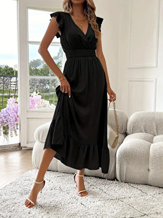 TUA MODA Kadın Kısa Kollu Kruvaze Yakalı Beli Lastikli Müslim Elbise