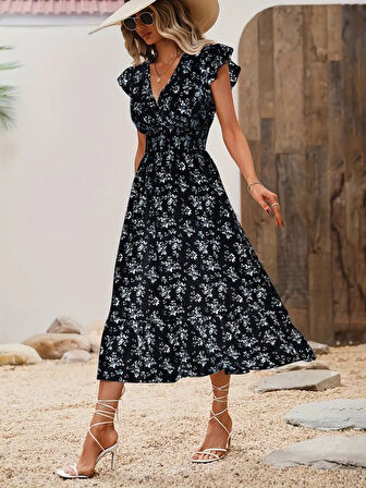 TUA MODA Kadın Kısa Kollu Kruvaze Yakalı Beli Lastikli çiçek Desenli Elbise