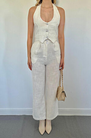 TUA MODA Beyaz Yelek Ve Pantolon Takım