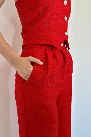 TUA MODA Kırmızı Yelek Ve Pantolon Takım