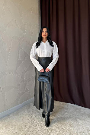 TUA MODA Siyah Fermuar Detaylı Deri Etek