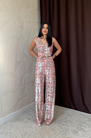 TUA MODA Gri Pullu Yelek Ve Pantolon Takım