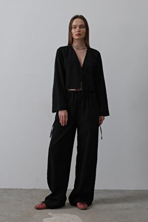 TUA MODA Önü Bağlamalı Crop Takım - Siyah