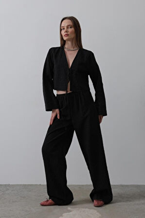 TUA MODA Önü Bağlamalı Crop Takım - Siyah