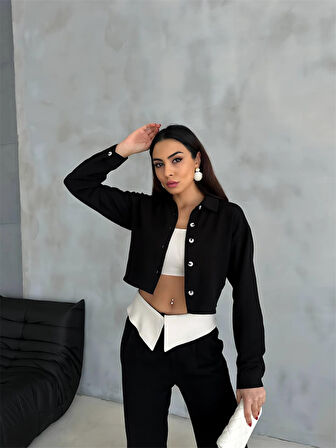 TUA MODA KETEN GÖMLEK-CROP-SALAŞ PANTOLON TAKIM - Siyah