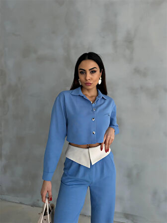 TUA MODA KETEN GÖMLEK-CROP-SALAŞ PANTOLON TAKIM - Mavi