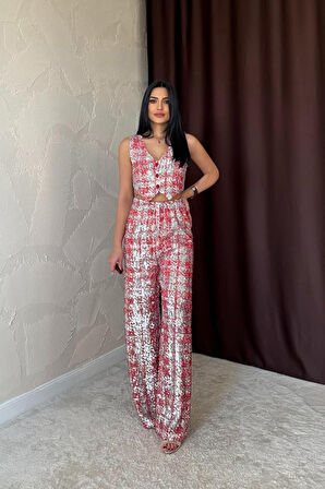 TUA MODA Kırmızı Pullu Yelek Ve Pantolon Takım