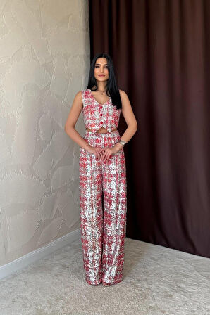 TUA MODA Kırmızı Pullu Yelek Ve Pantolon Takım