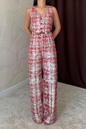 TUA MODA Kırmızı Pullu Yelek Ve Pantolon Takım