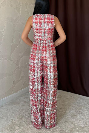 TUA MODA Kırmızı Pullu Yelek Ve Pantolon Takım