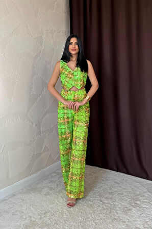TUA MODA Yeşil Pullu Yelek Ve Pantolon Takım