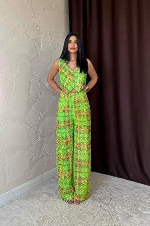 TUA MODA Yeşil Pullu Yelek Ve Pantolon Takım