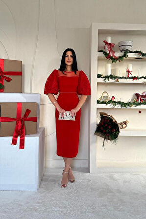 TUA MODA Kırmızı İncili Tül Detay Elbise