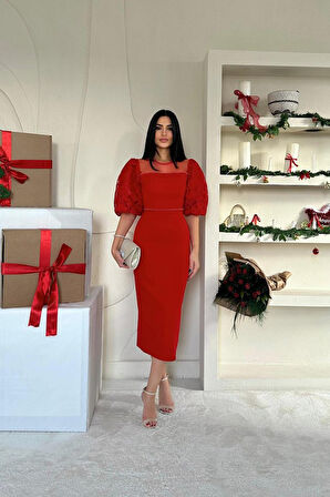 TUA MODA Kırmızı İncili Tül Detay Elbise