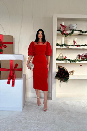 TUA MODA Kırmızı İncili Tül Detay Elbise