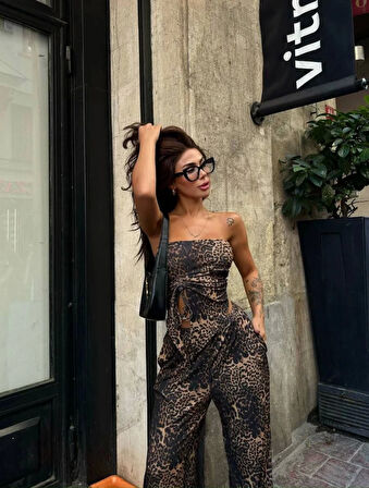 TUA MODA Leopar Desenli önden Bağlamalı Bluz Pantolon İkili Takım -Leopar