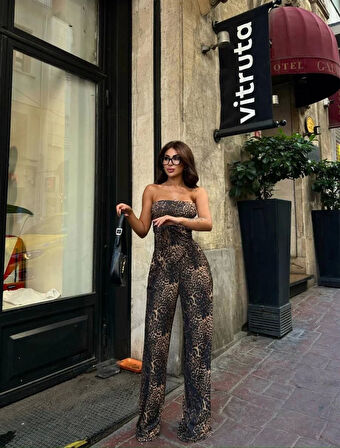 TUA MODA Leopar Desenli önden Bağlamalı Bluz Pantolon İkili Takım -Leopar