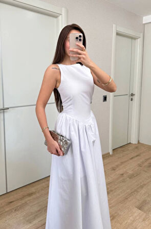 TUA MODA Sifir Kol Beli Oturtmalı Kolsuz Uzun Elbise - Beyaz