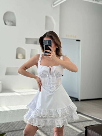 TUA MODA Fırfırlı Askılı Mini Elbise - Beyaz