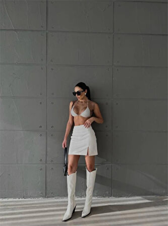 TUA MODA KAPİTONE DERİ ETEK YIRTMAÇLI - Beyaz