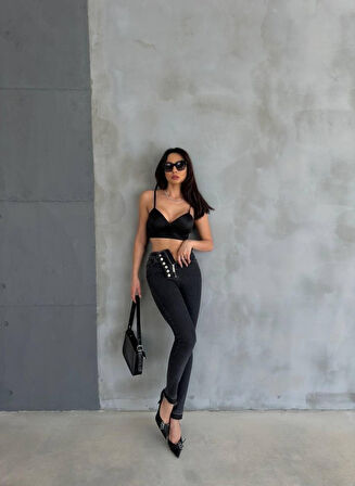 TUA MODA DÜĞME VE FERMUARLI KOT PANTOLON - Siyah
