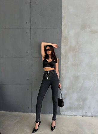 TUA MODA DÜĞME VE FERMUARLI KOT PANTOLON - Siyah