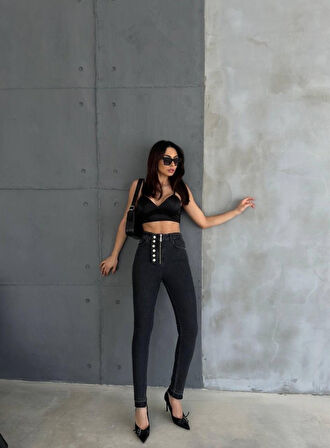 TUA MODA DÜĞME VE FERMUARLI KOT PANTOLON - Siyah