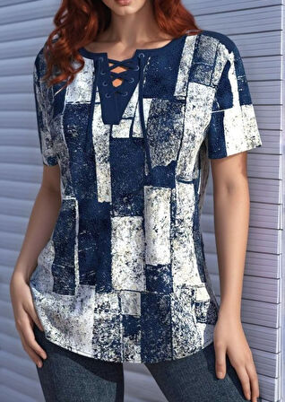 TUA MODA Kadın Kısa Kollu Yakası Bağcıklı Kuş Gözü Detay Süprem Bluz