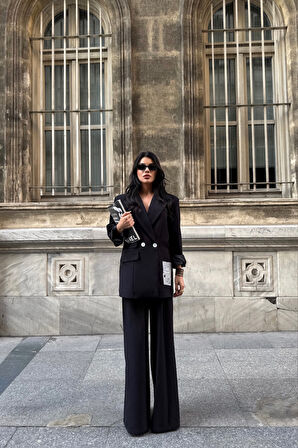 TUA MODA TASARIM ETİKET DETAYLI CEKET - PANTOLON TAKIM - Siyah