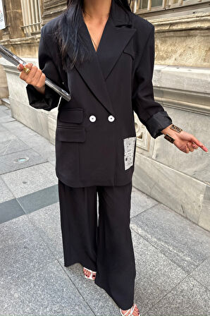 TUA MODA TASARIM ETİKET DETAYLI CEKET - PANTOLON TAKIM - Siyah