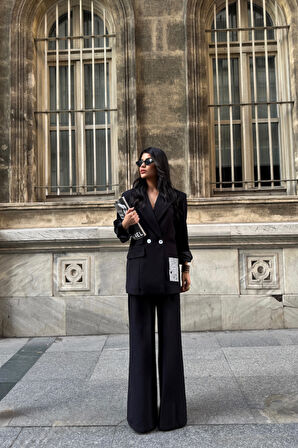 TUA MODA TASARIM ETİKET DETAYLI CEKET - PANTOLON TAKIM - Siyah