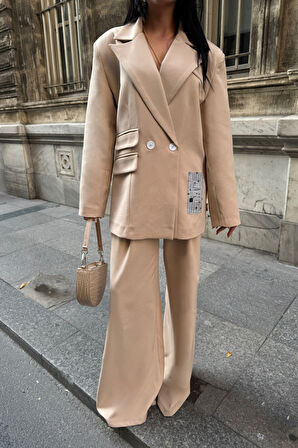 TUA MODA TASARIM ETİKET DETAYLI CEKET - PANTOLON TAKIM - Bej