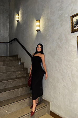 TUA MODA STRABLEZ ELBİSE BOYUN KUŞAK DETAYLI - Siyah