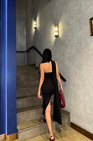 TUA MODA STRABLEZ ELBİSE BOYUN KUŞAK DETAYLI - Siyah