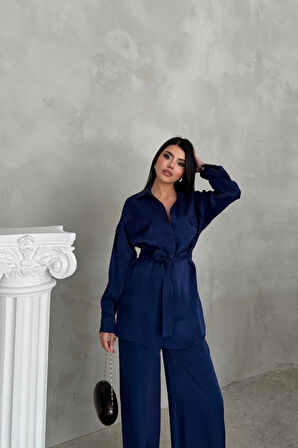 TUA MODA SİMLİ KUMAŞ SALAŞ PANTOLON - GÖMLEK TAKIM - Lacivert