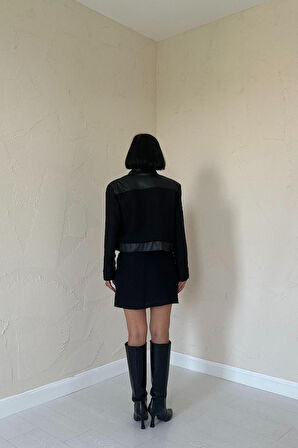 TUA MODA Siyah Üçlü Deri Garnili Ceket Ve Pantolon Takım