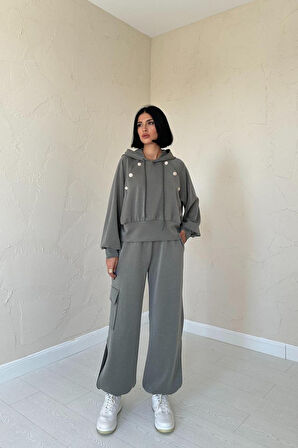 TUA MODA Haki Kapüşonlu Sweatshirt Ve Kargo Pantolon Takım