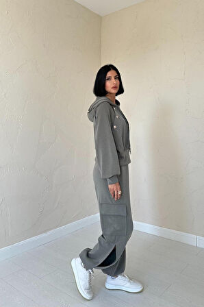 TUA MODA Haki Kapüşonlu Sweatshirt Ve Kargo Pantolon Takım